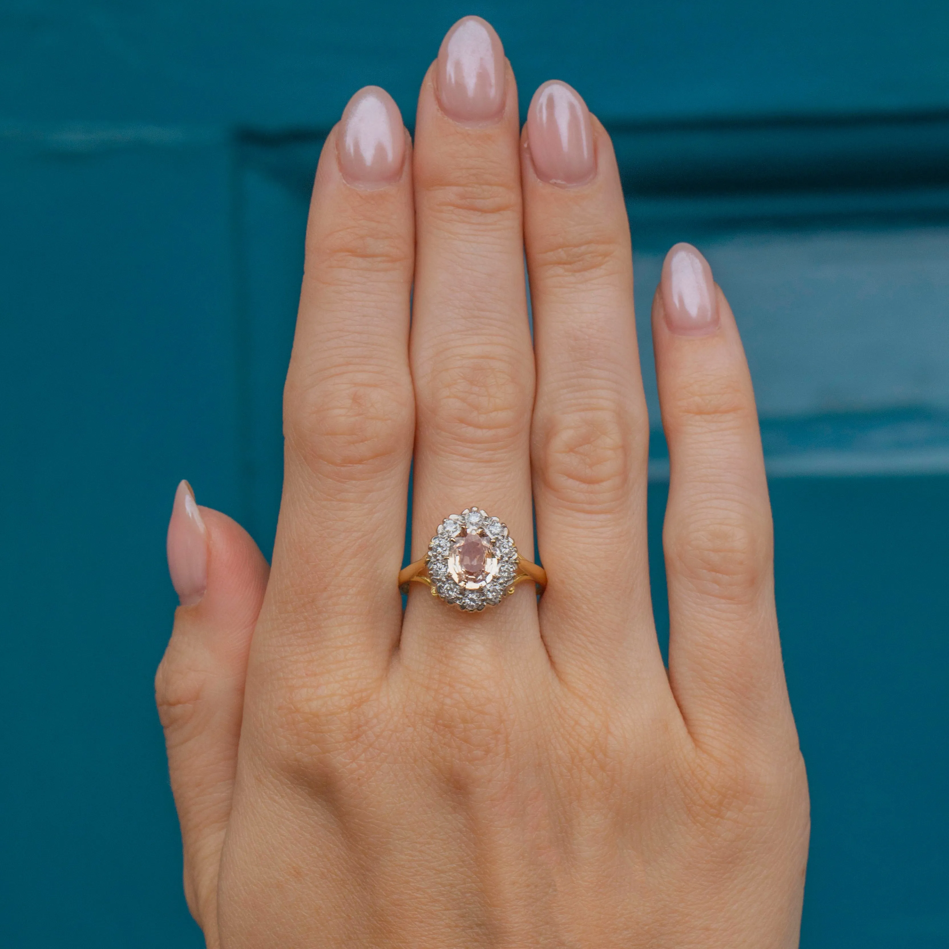 18ct Gold Padparadscha Sapphire Diamond Cluster Ring, 2.10ct Sapphire, 0.30ct Diamonds