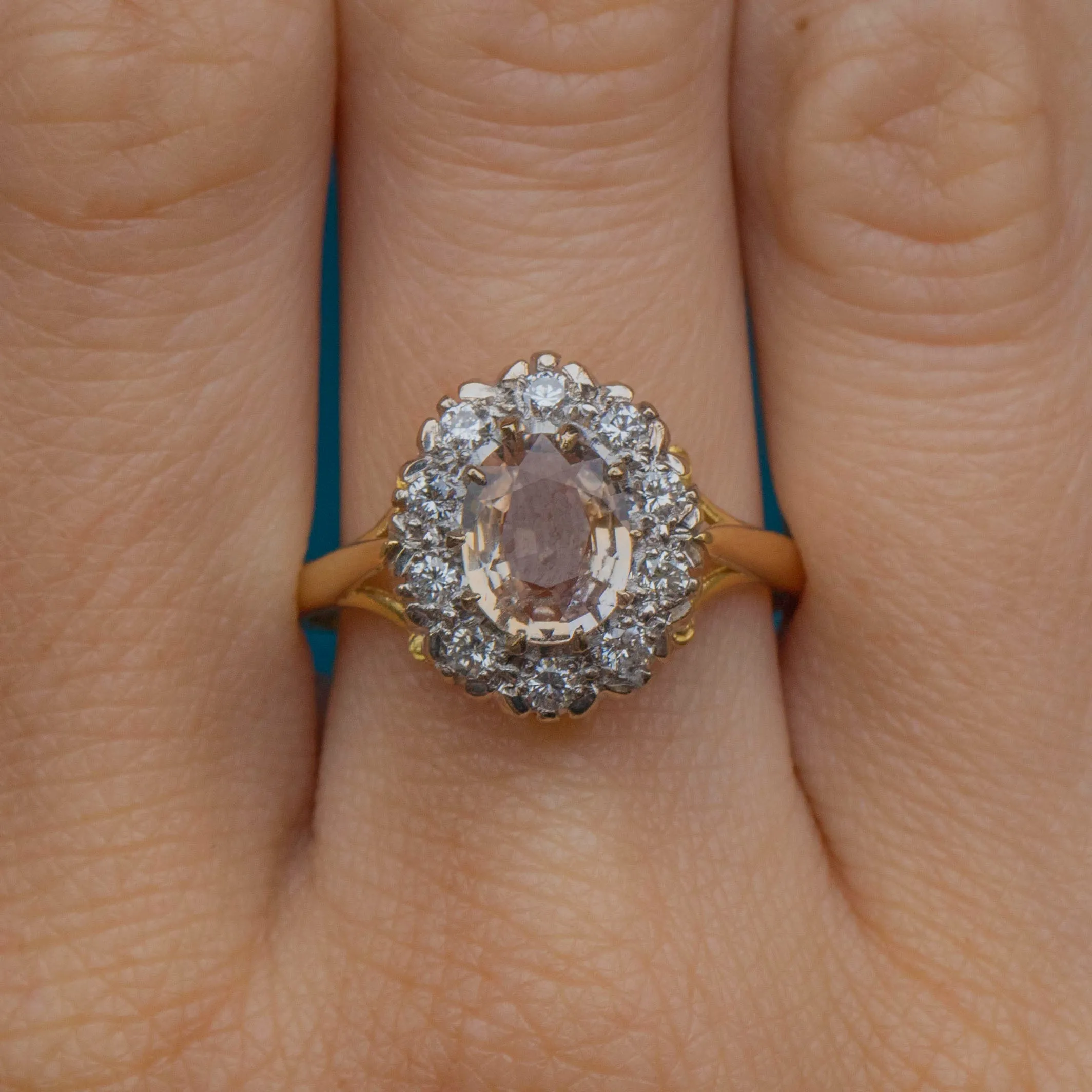 18ct Gold Padparadscha Sapphire Diamond Cluster Ring, 2.10ct Sapphire, 0.30ct Diamonds