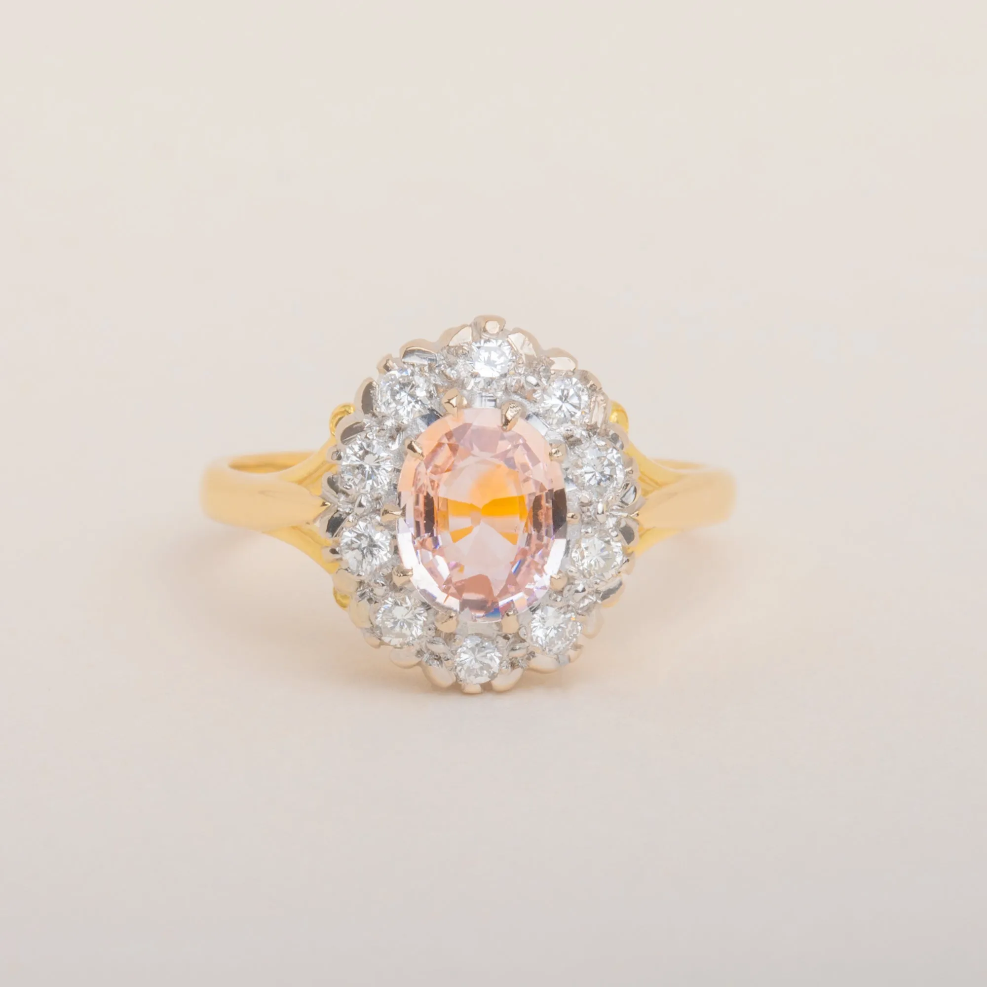 18ct Gold Padparadscha Sapphire Diamond Cluster Ring, 2.10ct Sapphire, 0.30ct Diamonds