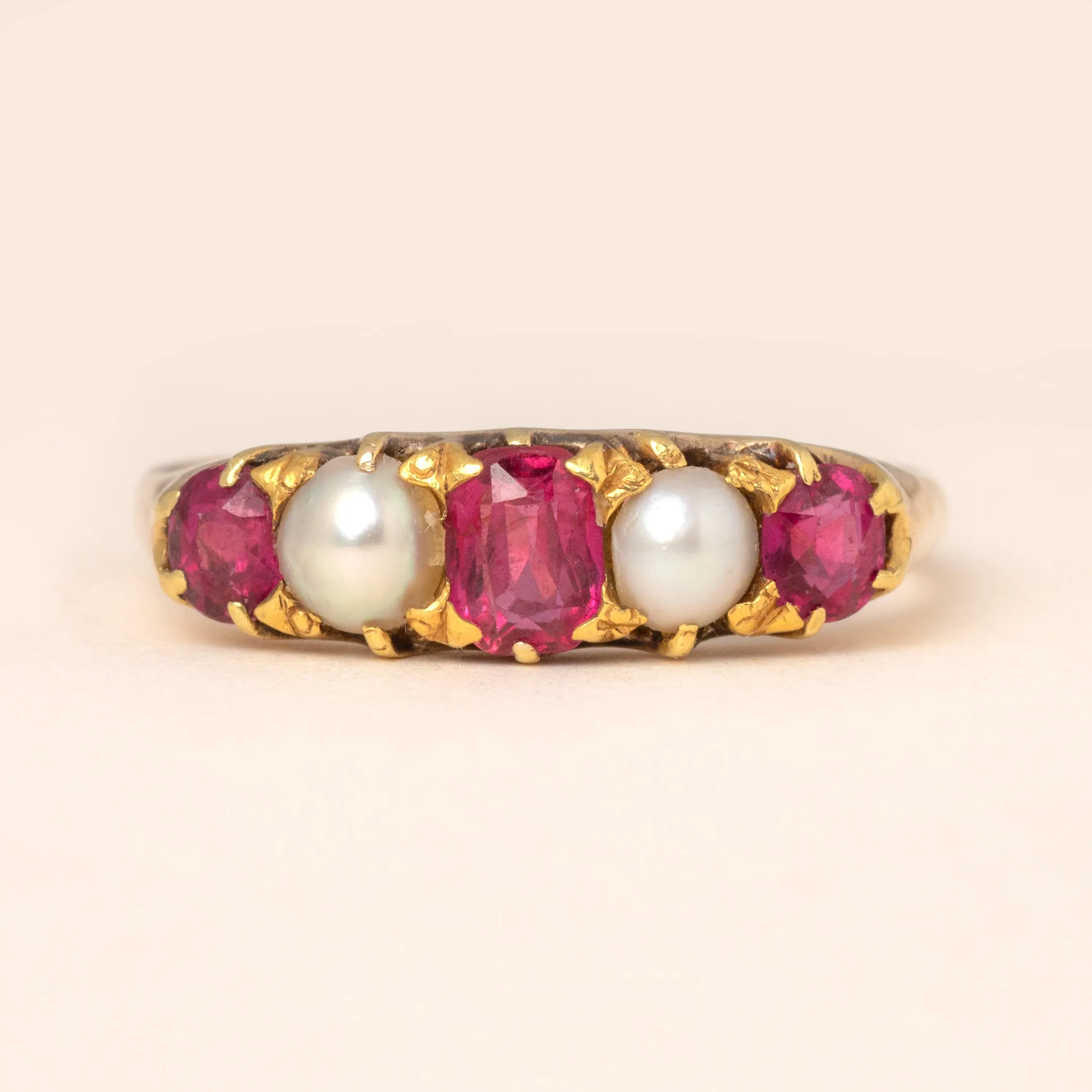 9ct Gold Ruby Pearl 5-Stone Ring