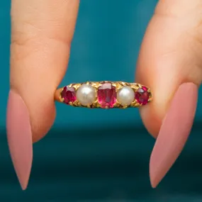 9ct Gold Ruby Pearl 5-Stone Ring