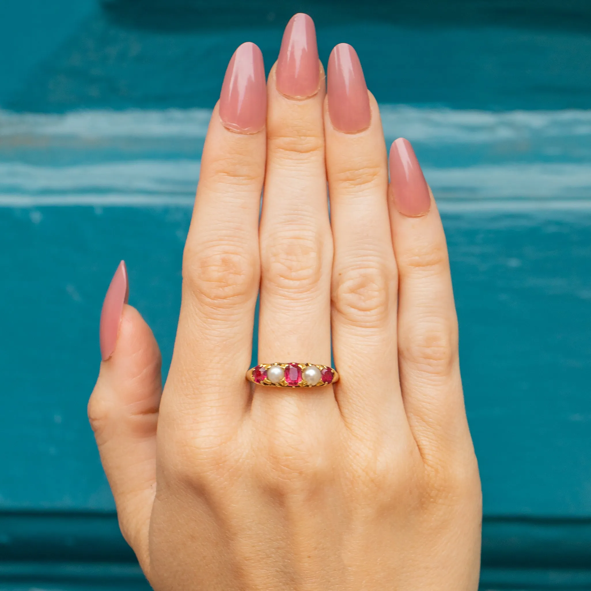 9ct Gold Ruby Pearl 5-Stone Ring