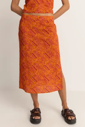 Adia Paisley Low Rise Midi Skirt Orange