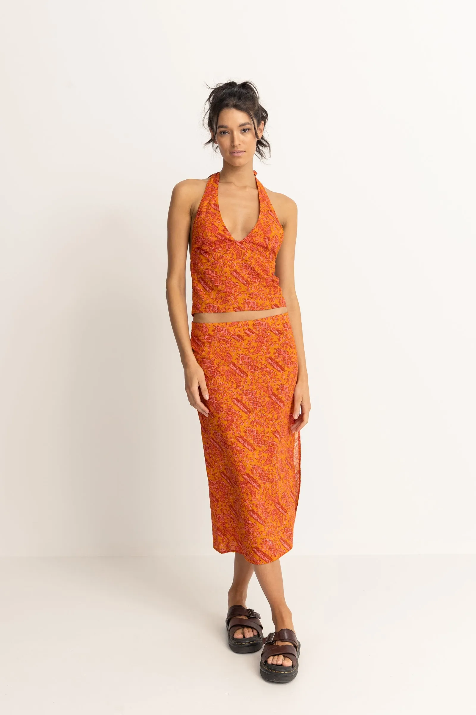 Adia Paisley Low Rise Midi Skirt Orange