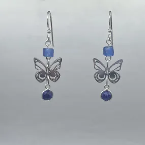 Asoyuf Mini Silver Butterfly Earrings with Trade Beads & Sapphire