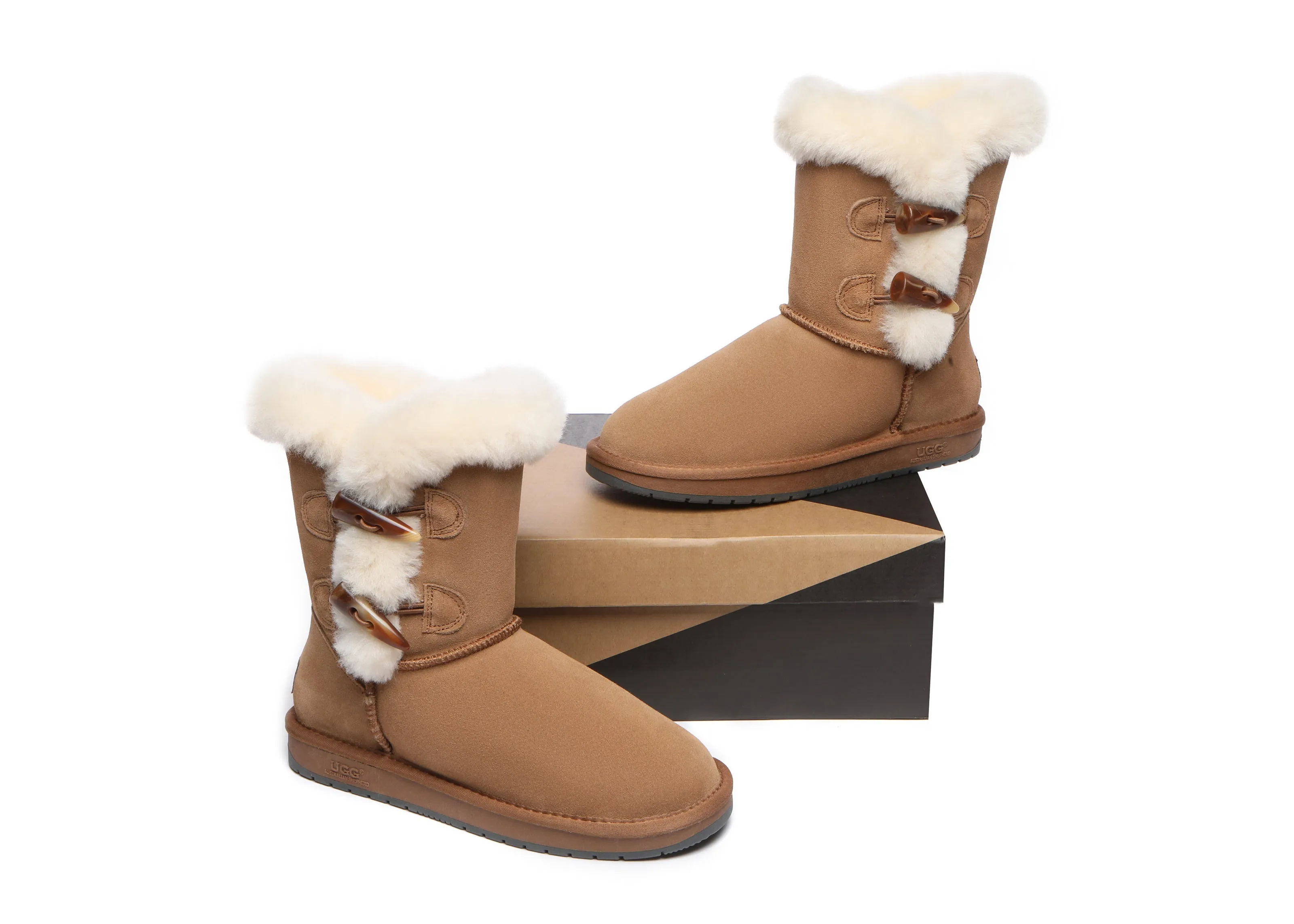 AUSTRALIAN SHEPHERD® UGG Boots Women Sheepskin Wool Horn Toggle Closure Short Talia
