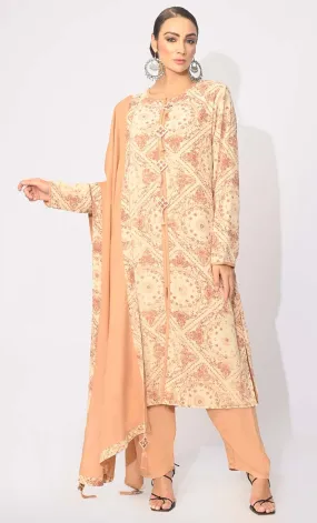 Bohemian Bliss: Printed 3Pc Sand Salwar Kameez set With Dupatta and Tassels Detailing