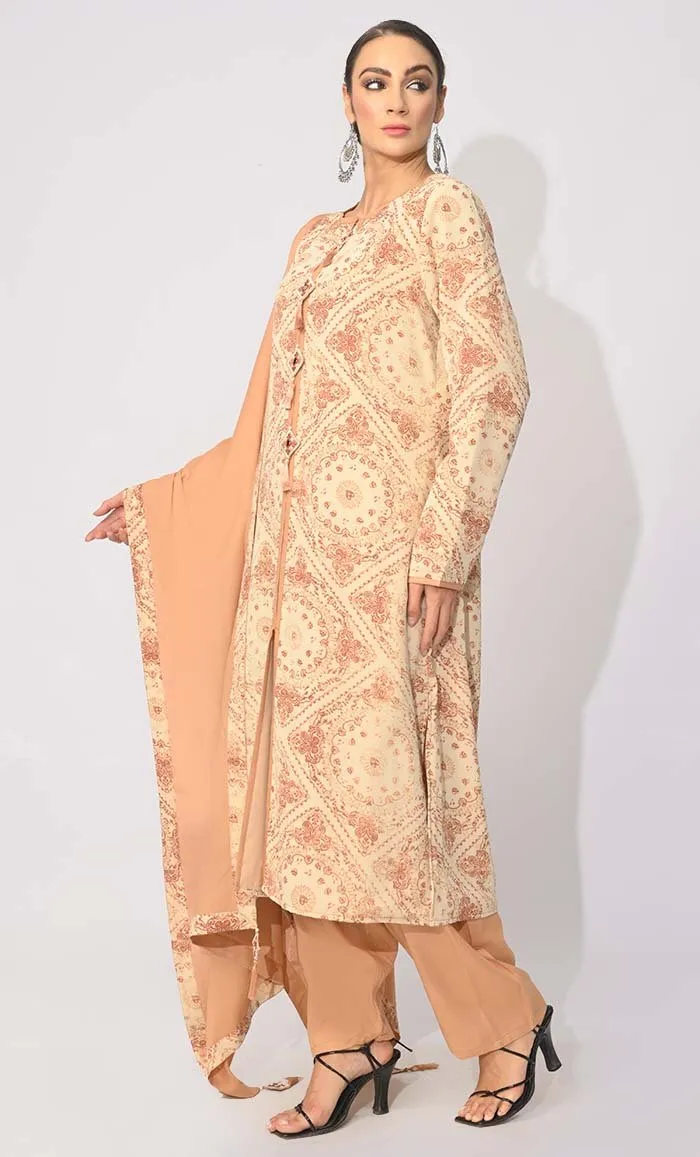 Bohemian Bliss: Printed 3Pc Sand Salwar Kameez set With Dupatta and Tassels Detailing