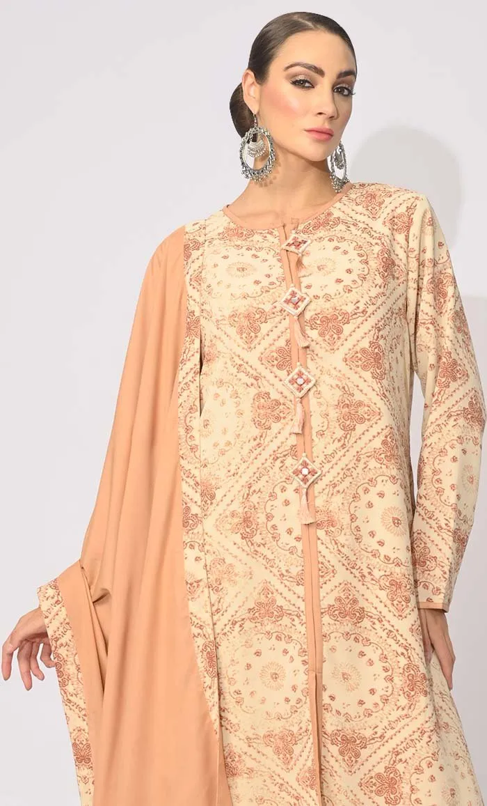 Bohemian Bliss: Printed 3Pc Sand Salwar Kameez set With Dupatta and Tassels Detailing