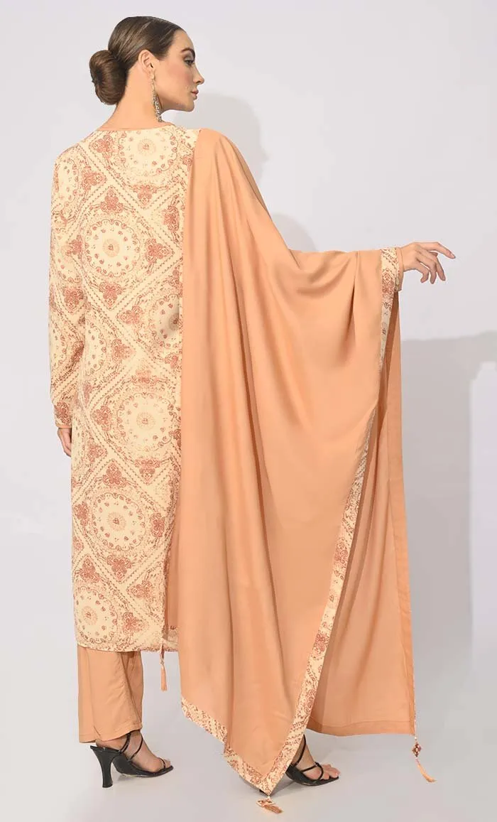 Bohemian Bliss: Printed 3Pc Sand Salwar Kameez set With Dupatta and Tassels Detailing