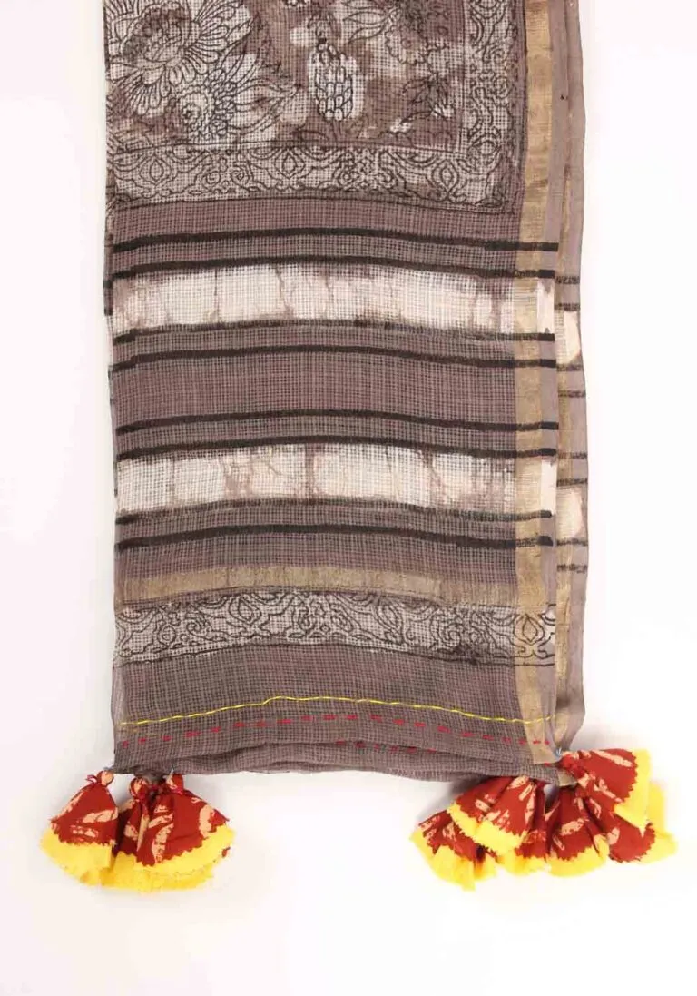 Earthy Flower Handblock Printed Kota Doria Dupatta