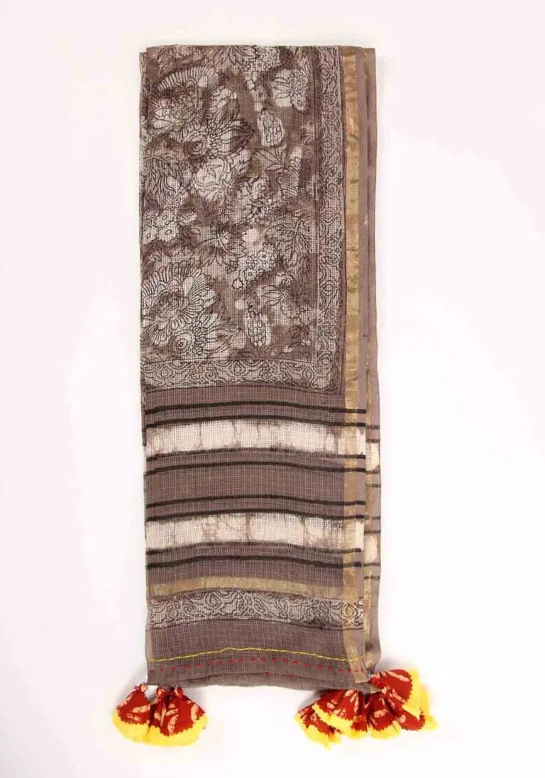 Earthy Flower Handblock Printed Kota Doria Dupatta