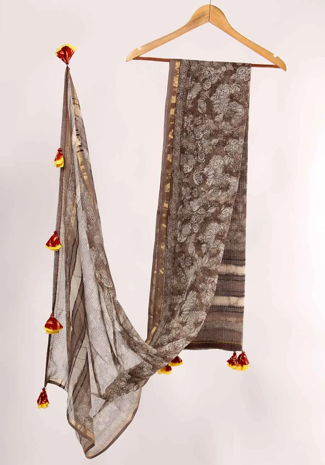 Earthy Flower Handblock Printed Kota Doria Dupatta