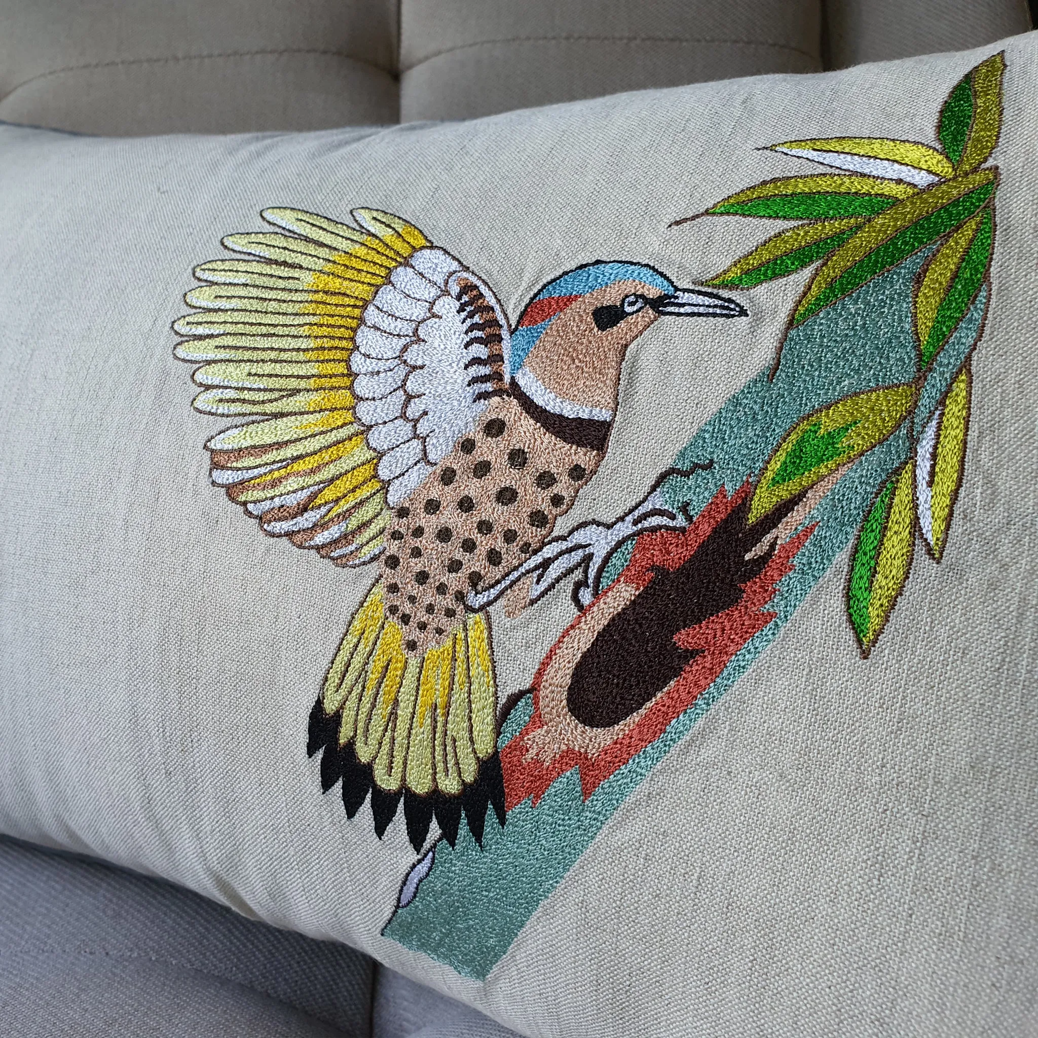 Embroidered Wood Pecker Cushion Cover