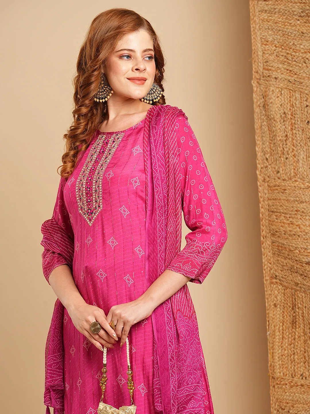 Ethnic Bandhani Printed & Embroidered Straight Kurta with Pant & Dupatta - Magenta