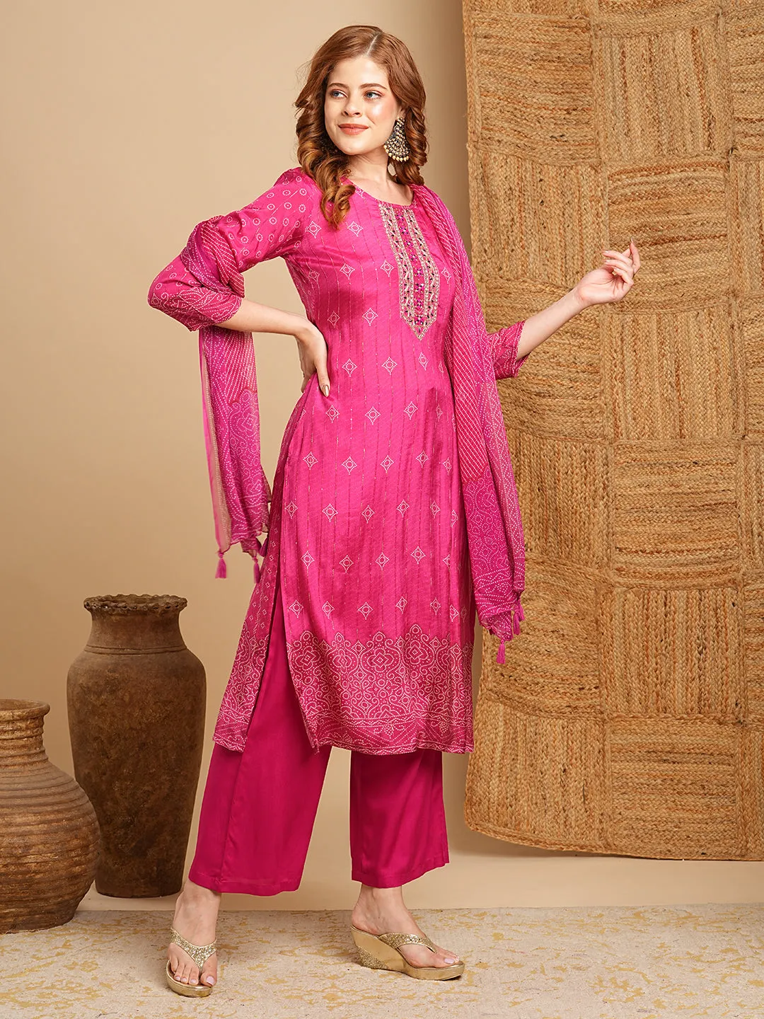 Ethnic Bandhani Printed & Embroidered Straight Kurta with Pant & Dupatta - Magenta
