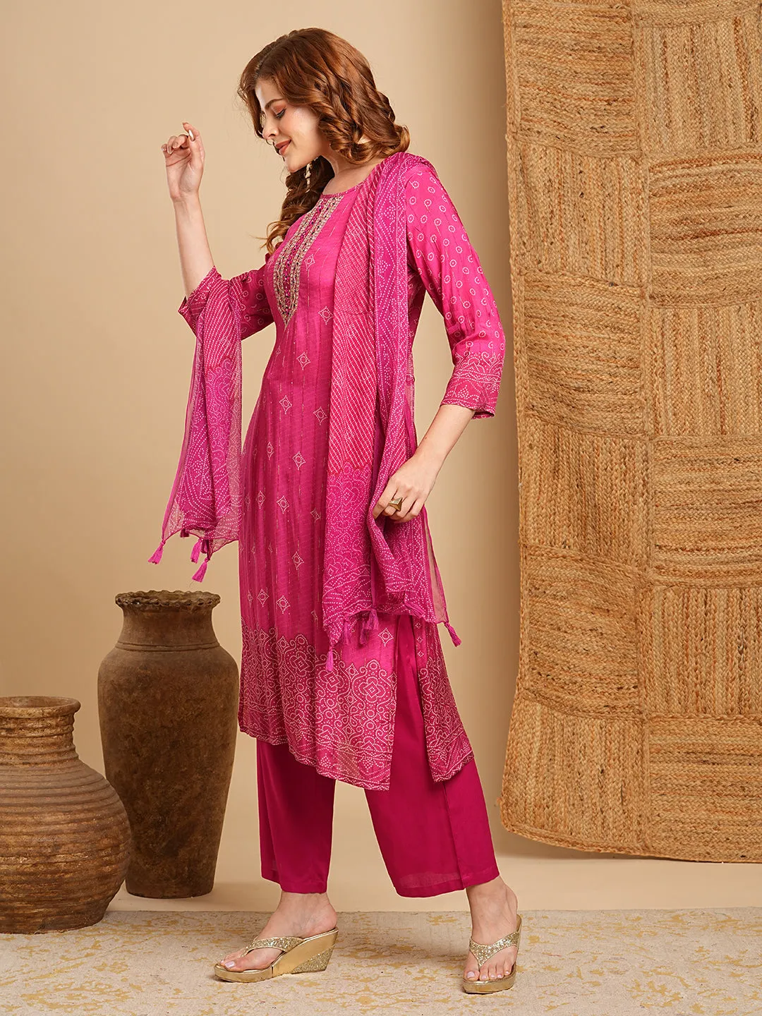 Ethnic Bandhani Printed & Embroidered Straight Kurta with Pant & Dupatta - Magenta
