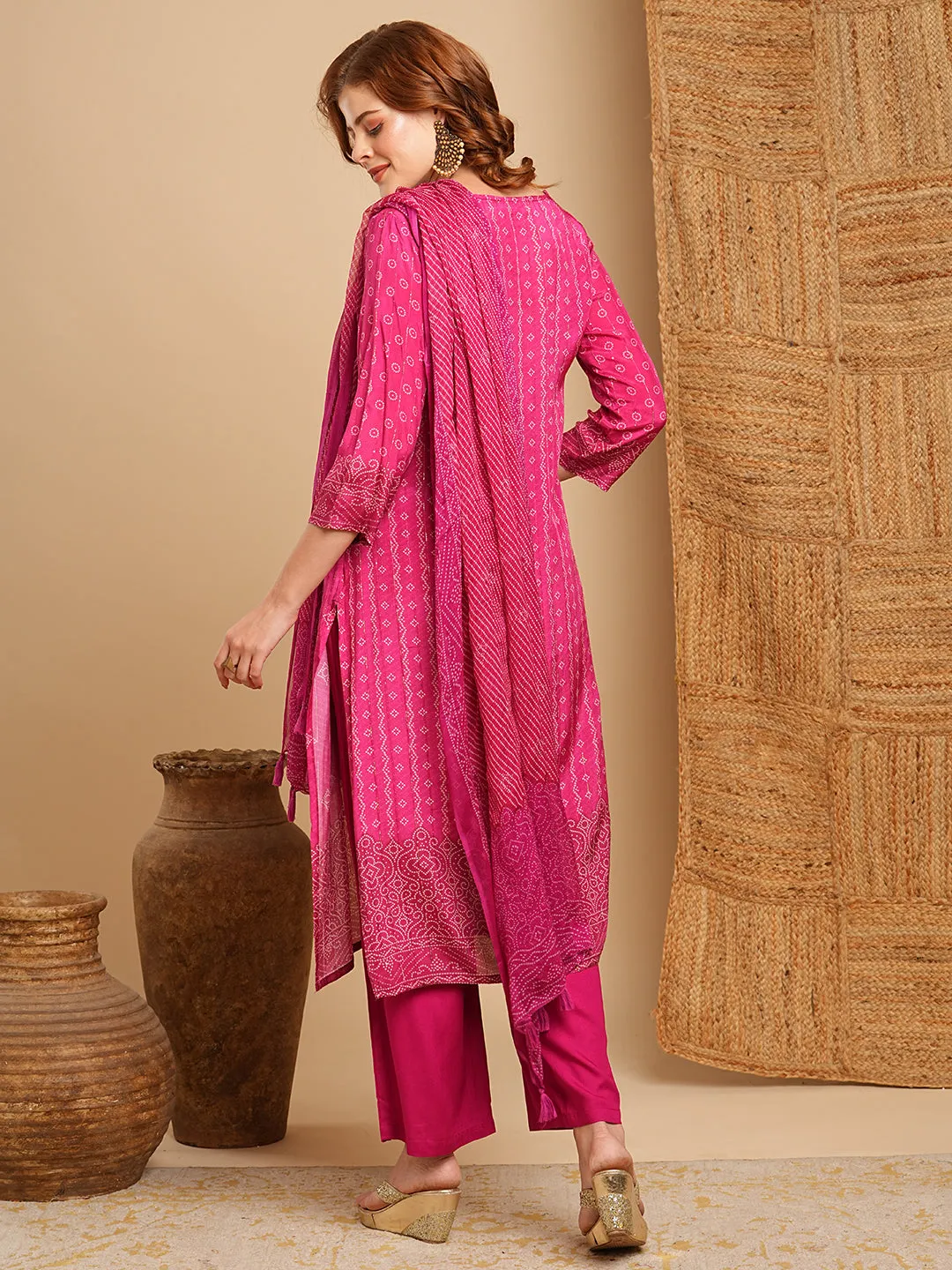 Ethnic Bandhani Printed & Embroidered Straight Kurta with Pant & Dupatta - Magenta