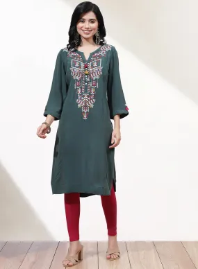 Green Alora Embroidered Kurti With Tassels