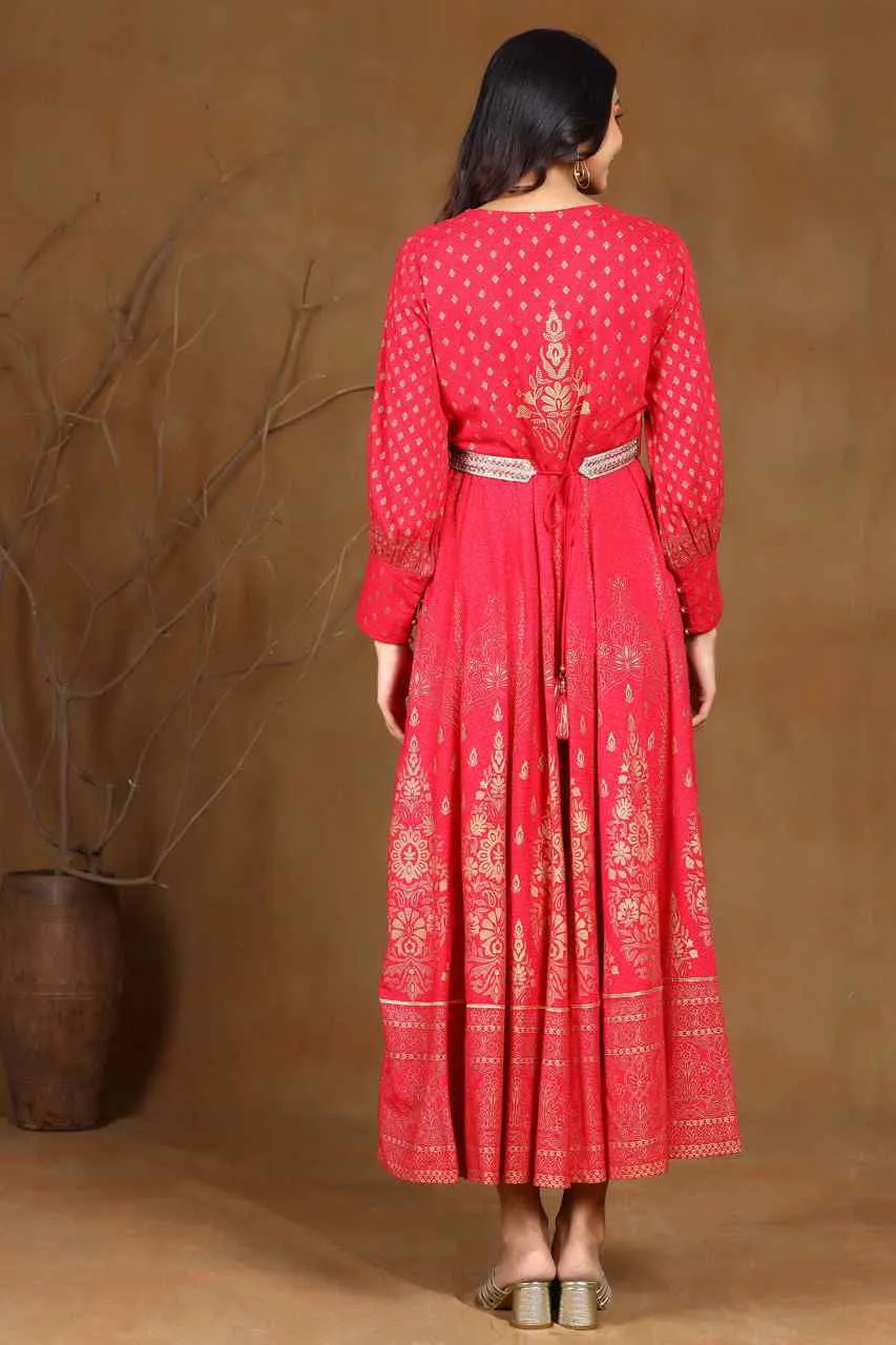 Juniper Fuchsia Ethnic Motif Printed Rayon Flared Maxi Dress.