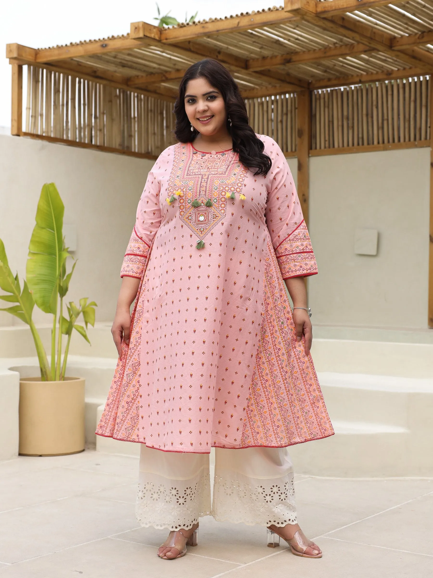 Juniper Pure Cotton Pink Tribal Multicolour Printed Plus Size A-Line Kurta With Contrast Beads Sequins Kaudis & Tassels