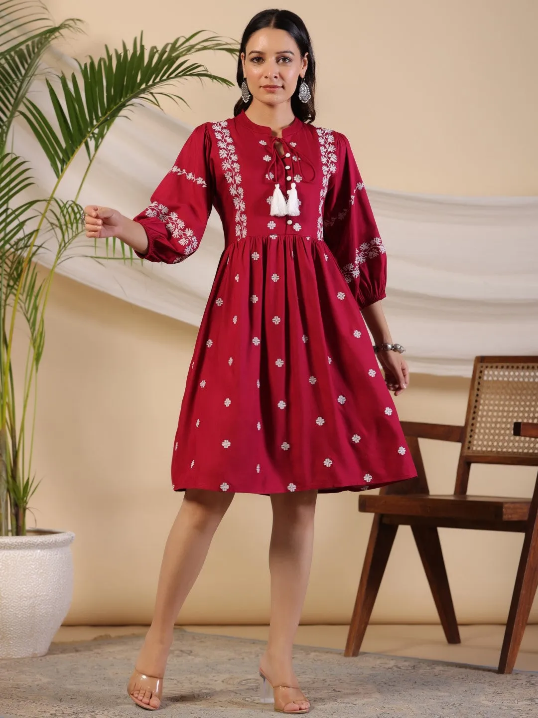 Juniper Rayon Wine Cross Stitched Embroidered Short Dress With Dori Tie Ups & Tassels