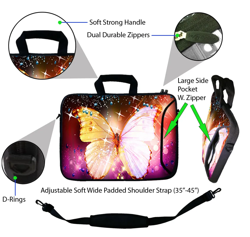 Laptop Sleeve Carrying Case w/ Removable Shoulder Strap & Skin & Mouse Pad – Sparkling Butterfly