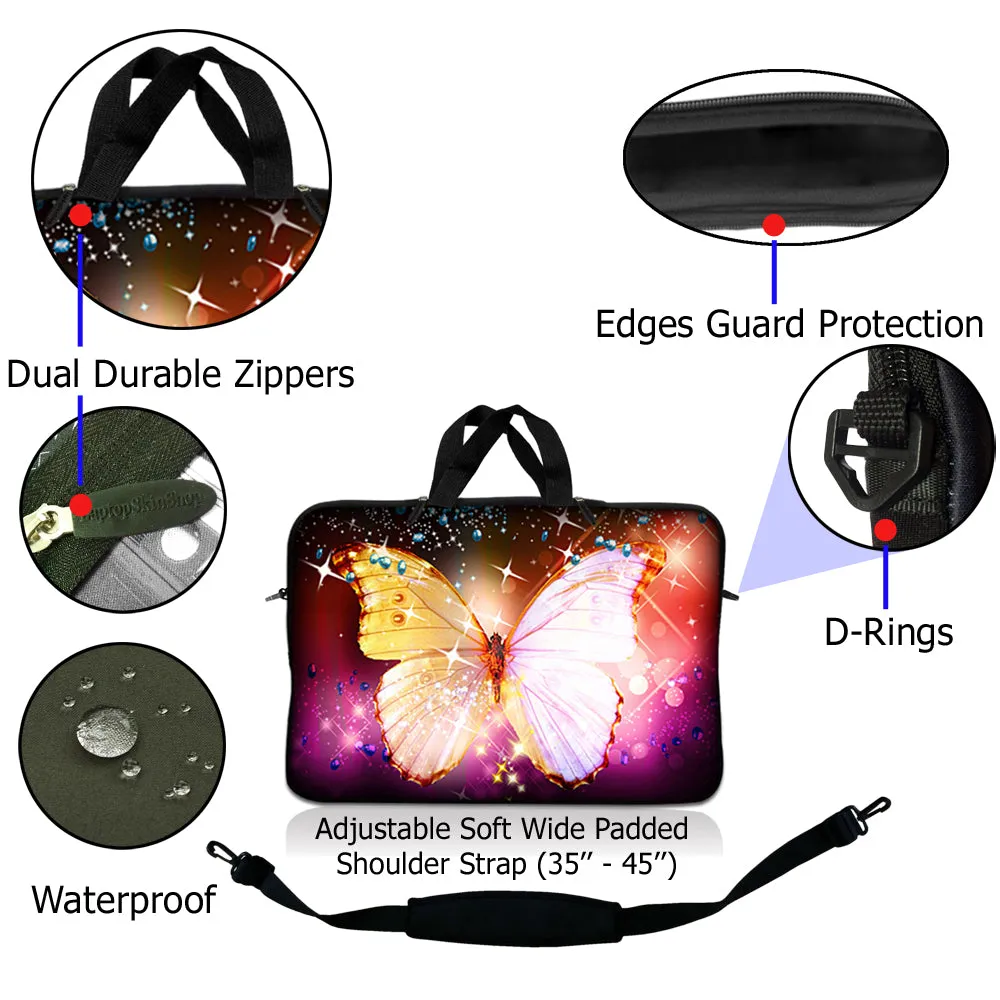 Notebook / Netbook Sleeve Carrying Case w/ Handle & Adjustable Shoulder Strap & Matching Skin – Sparkling Butterfly