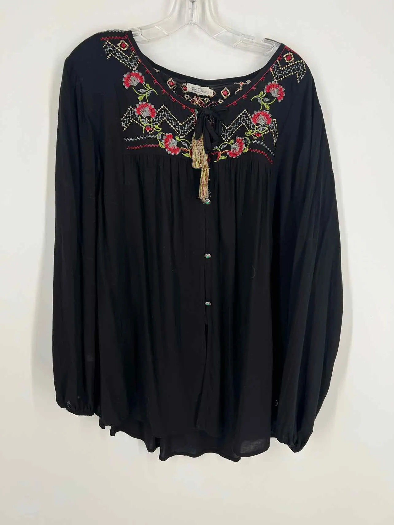 Size XL Black/Multi Embroidered Tassels Designer Blouse