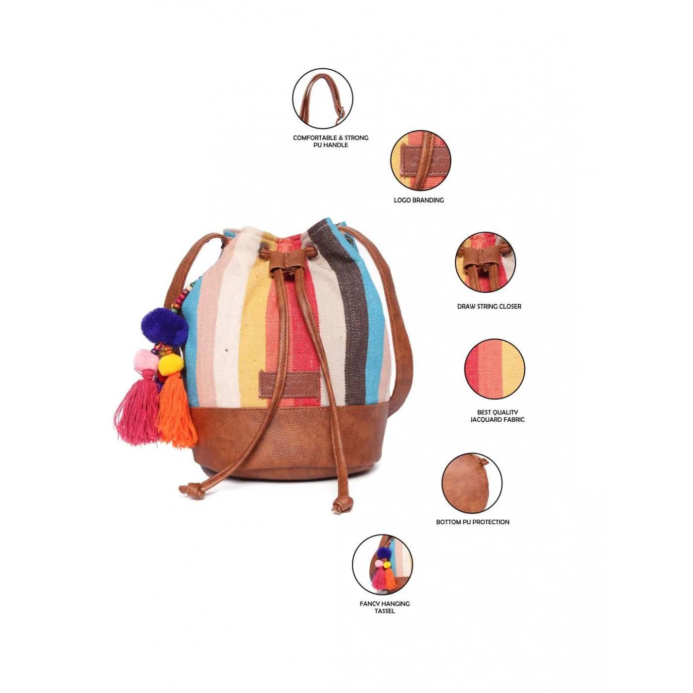 Women Multi Aztec Jacquard Sling Bag With Drawstring Closure