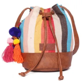 Women Multi Aztec Jacquard Sling Bag With Drawstring Closure