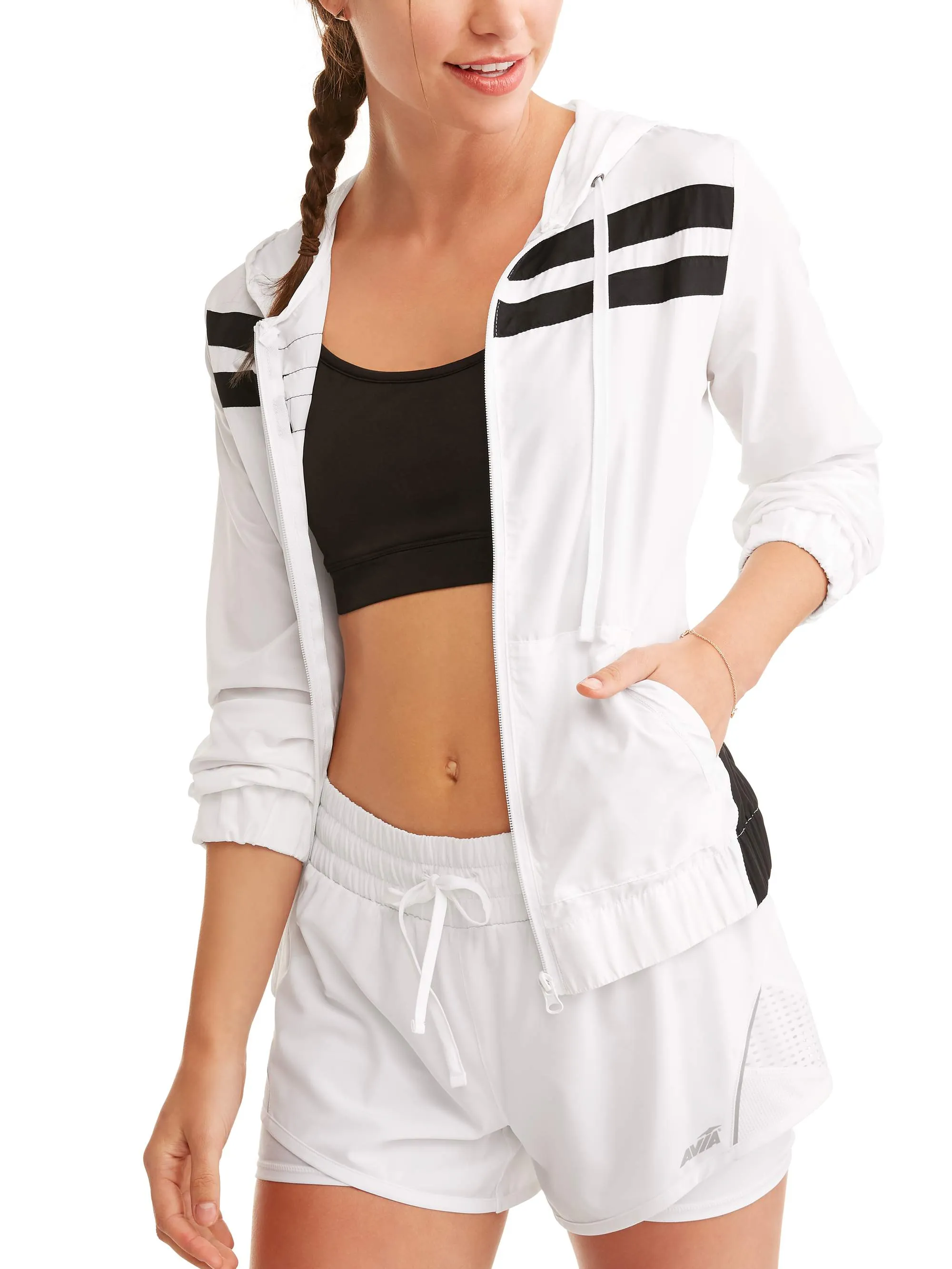 Women's Full Zip Hoodie Windbreaker with Athletic Stripes